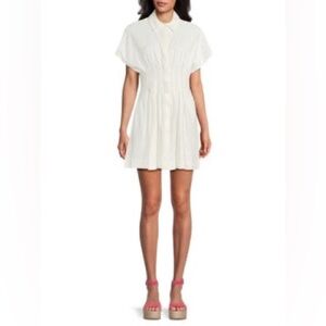 Alice + Olivia Lilliana Linen Blend Pleated Mini Shirtdress- in off white